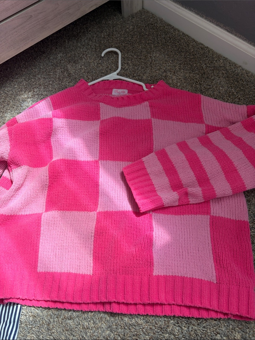 Pink Lily Hot Pink & Light Pink Checkerboard Crewneck Sweater